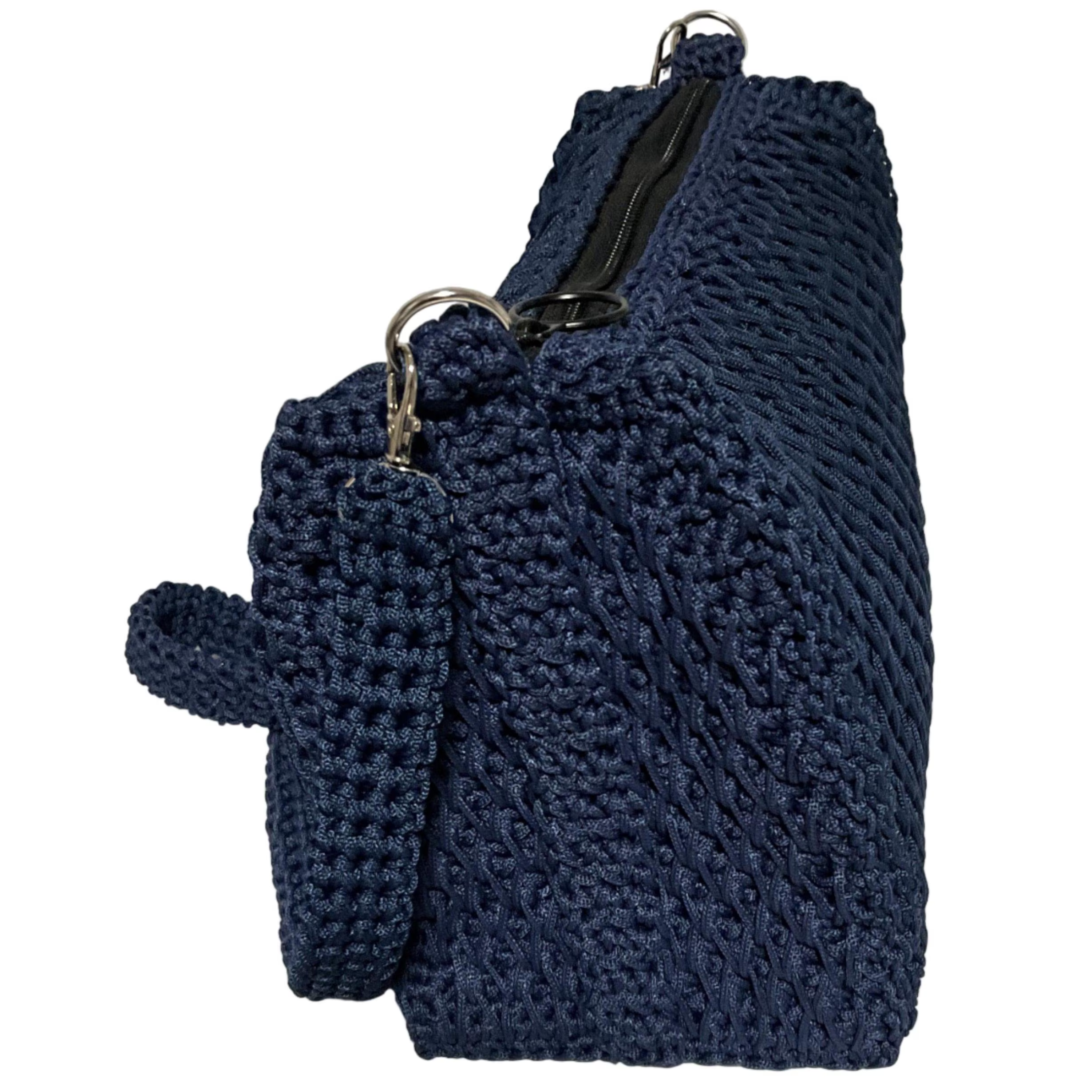 Navy blue ThreadsByHannah coach purse shoulder bag with textured knit design and zipper closure