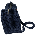 Navy knitted coach purse shoulder bag featuring a stylish woven design and adjustable strap
