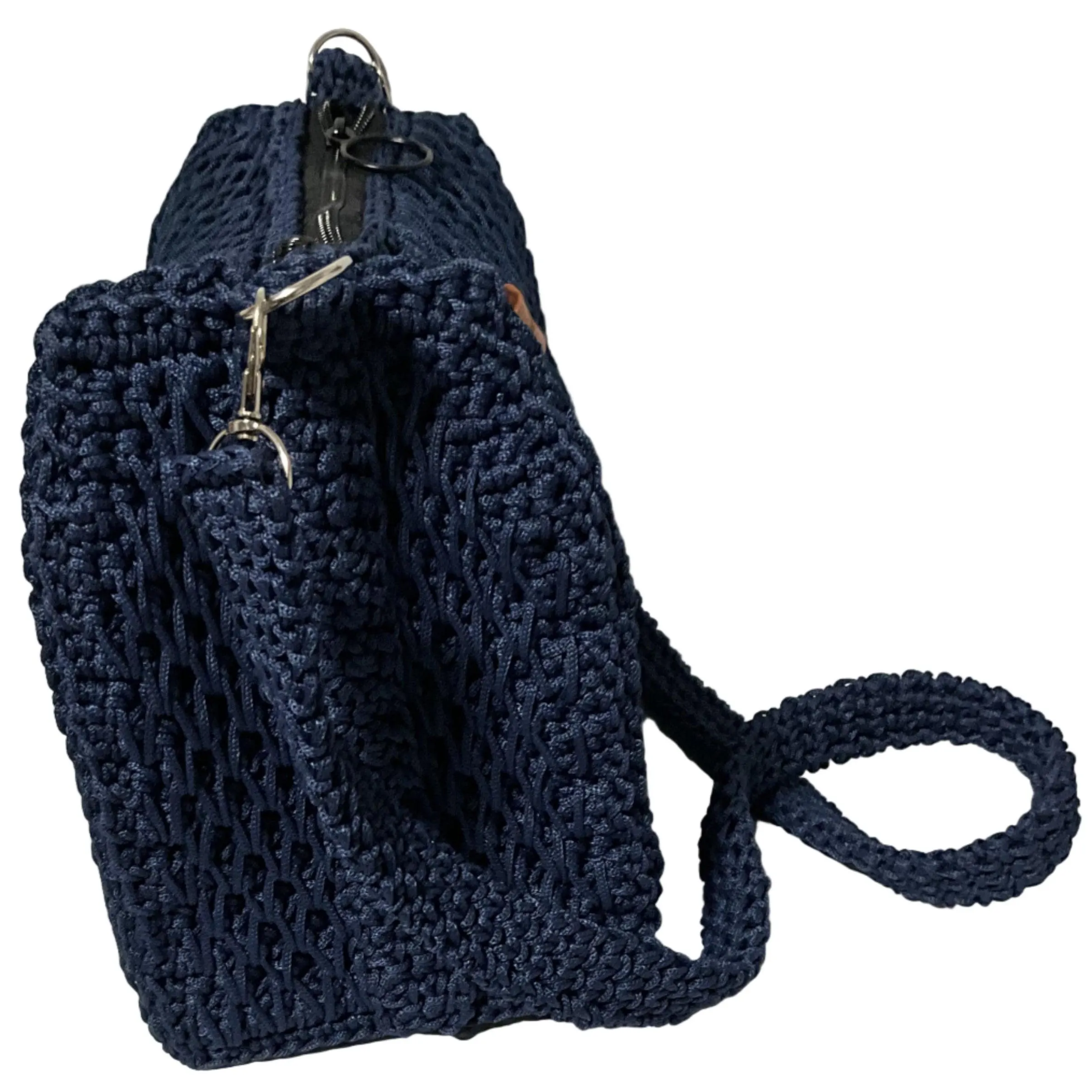 Navy knitted coach purse shoulder bag featuring a stylish woven design and adjustable strap