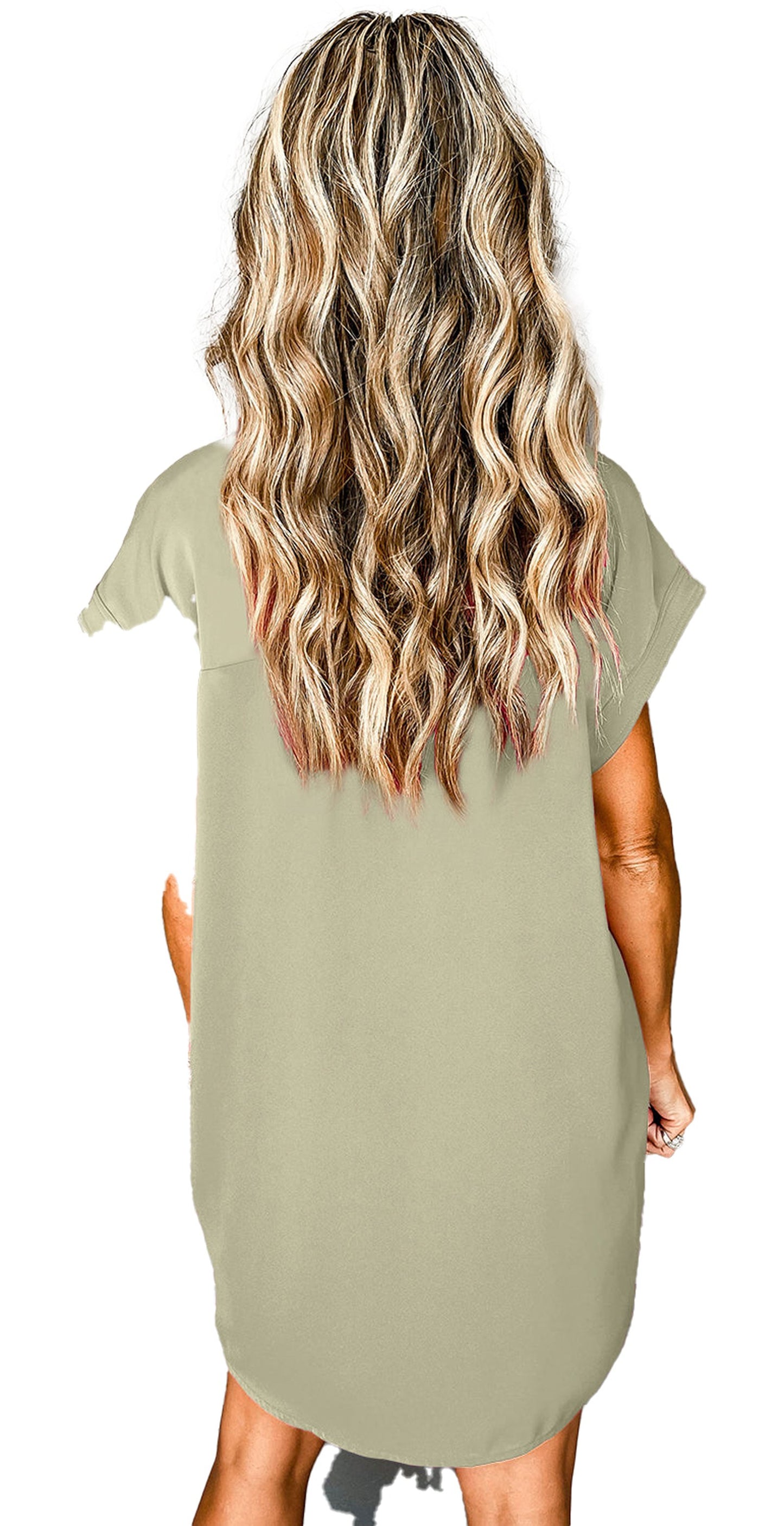 Back view of model in olive green casual mini dress product image for rose red button down mini dress