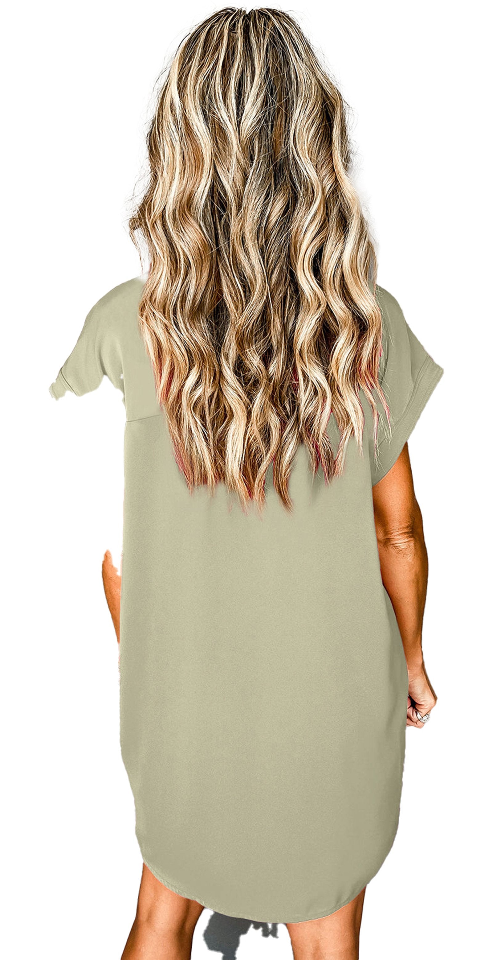 Back view of model in olive green casual mini dress product image for rose red button down mini dress