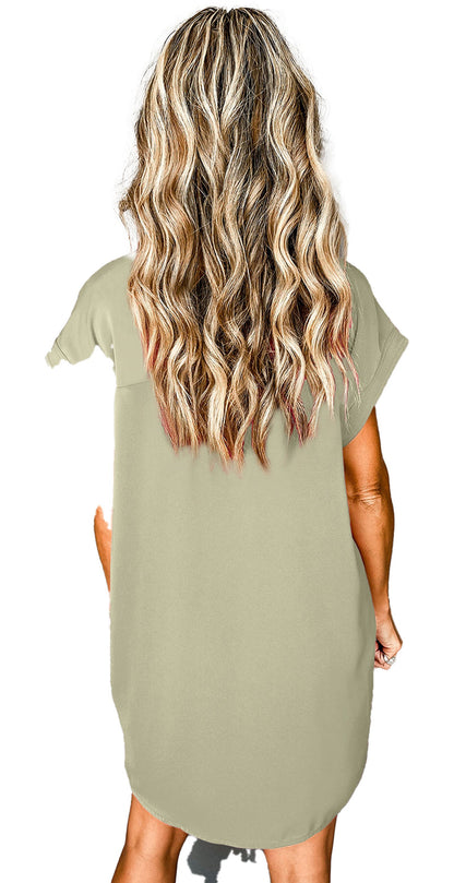 Back view of model in olive green casual mini dress product image for rose red button down mini dress