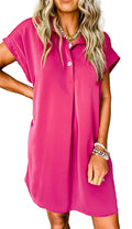 Model wearing rose red button down mini dress from Dear Lover Dropshipping with short sleeves collar and relaxed shift fit