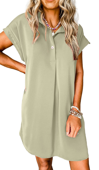 Model wearing olive short sleeve polo mini dress with buttons and stacked bracelets rose red button down mini dress