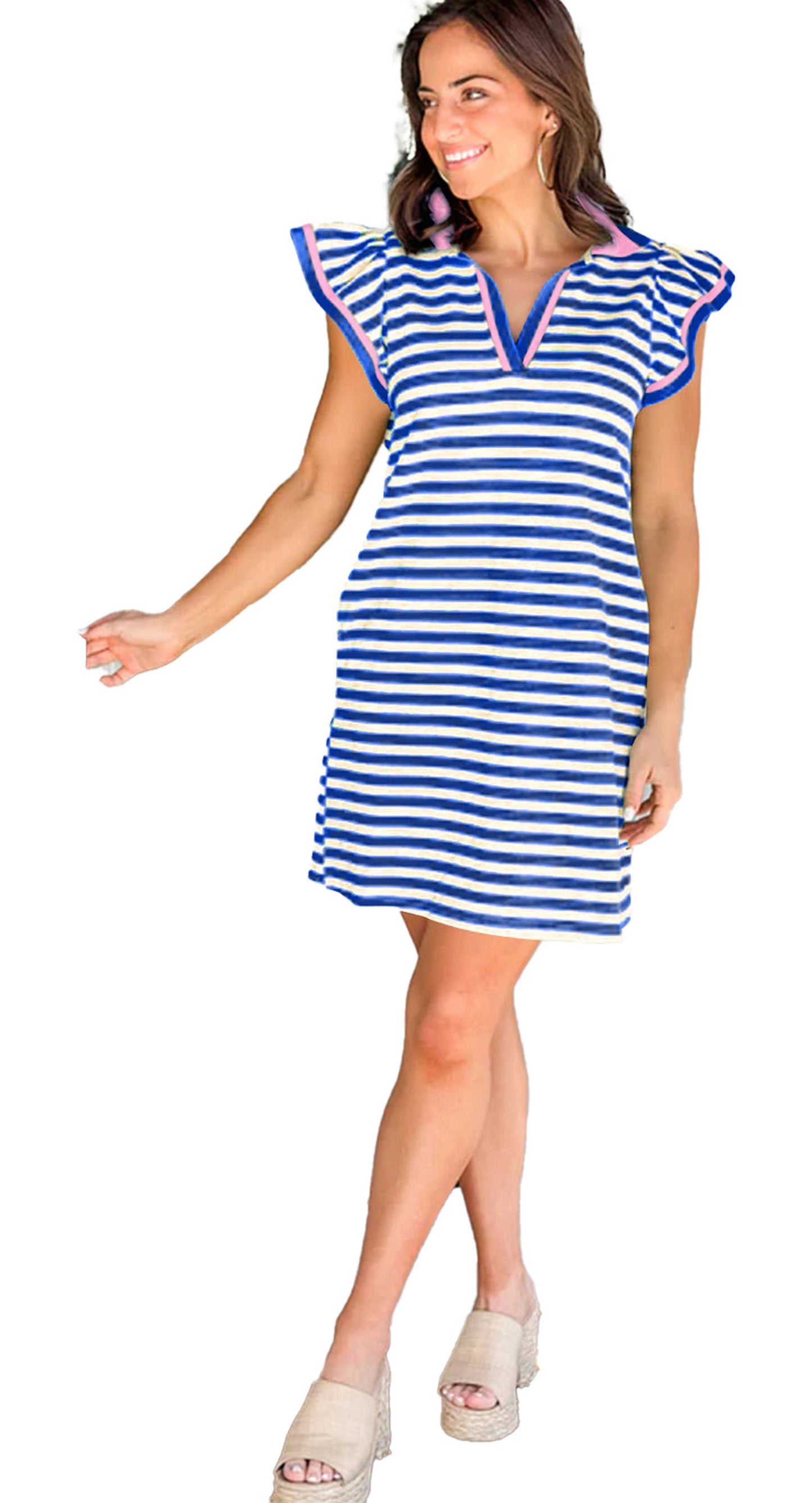 LuckeLadybug H Line dark blue striped flutter sleeve dress on smiling model by front door with v neck
