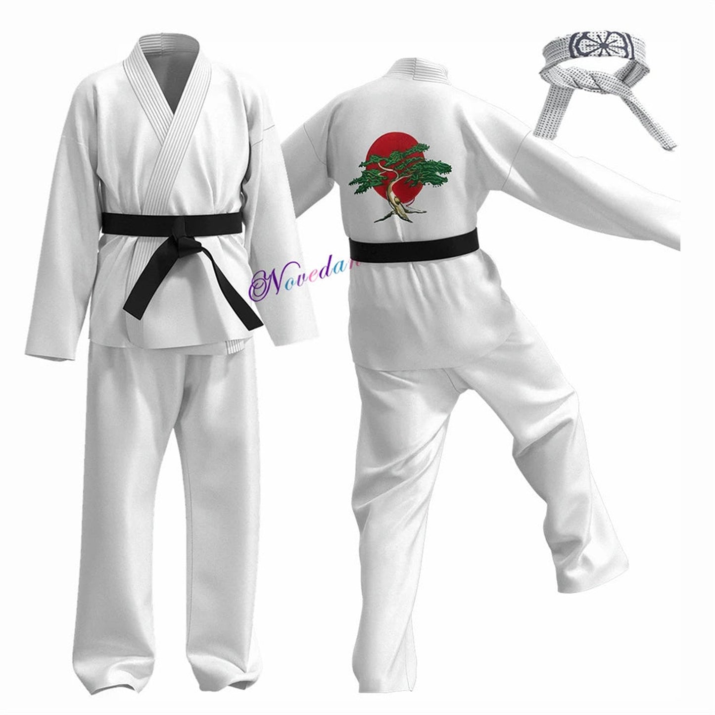 Cobra Kai karate costume for kids featuring a white uniform and black belt with a headband