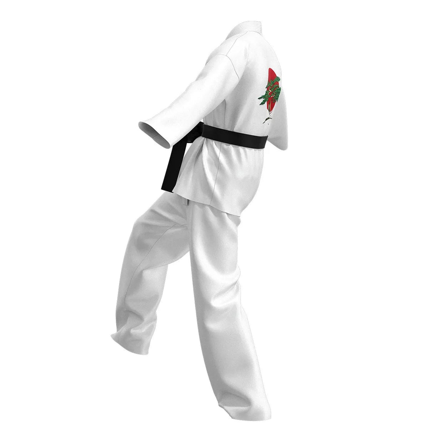 Cobra Kai karate costume for kids featuring a white gi with black belt and vibrant red logo