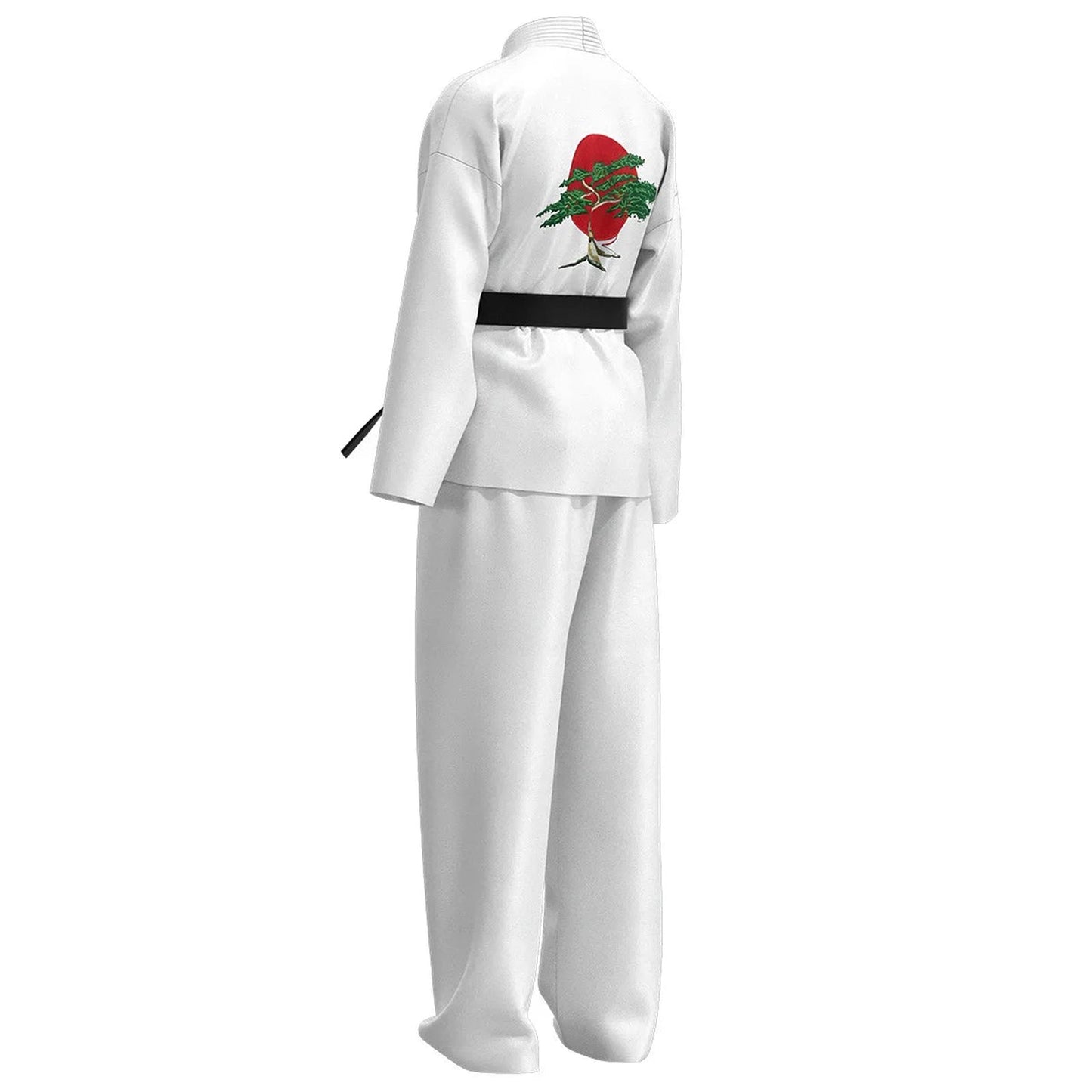 Cobra Kai karate costume for kids featuring a white uniform with a stylish back design