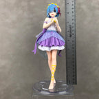 LuckeLadybug LLC collectible figure of Rem in purple dress with clear base and ruler for size reference