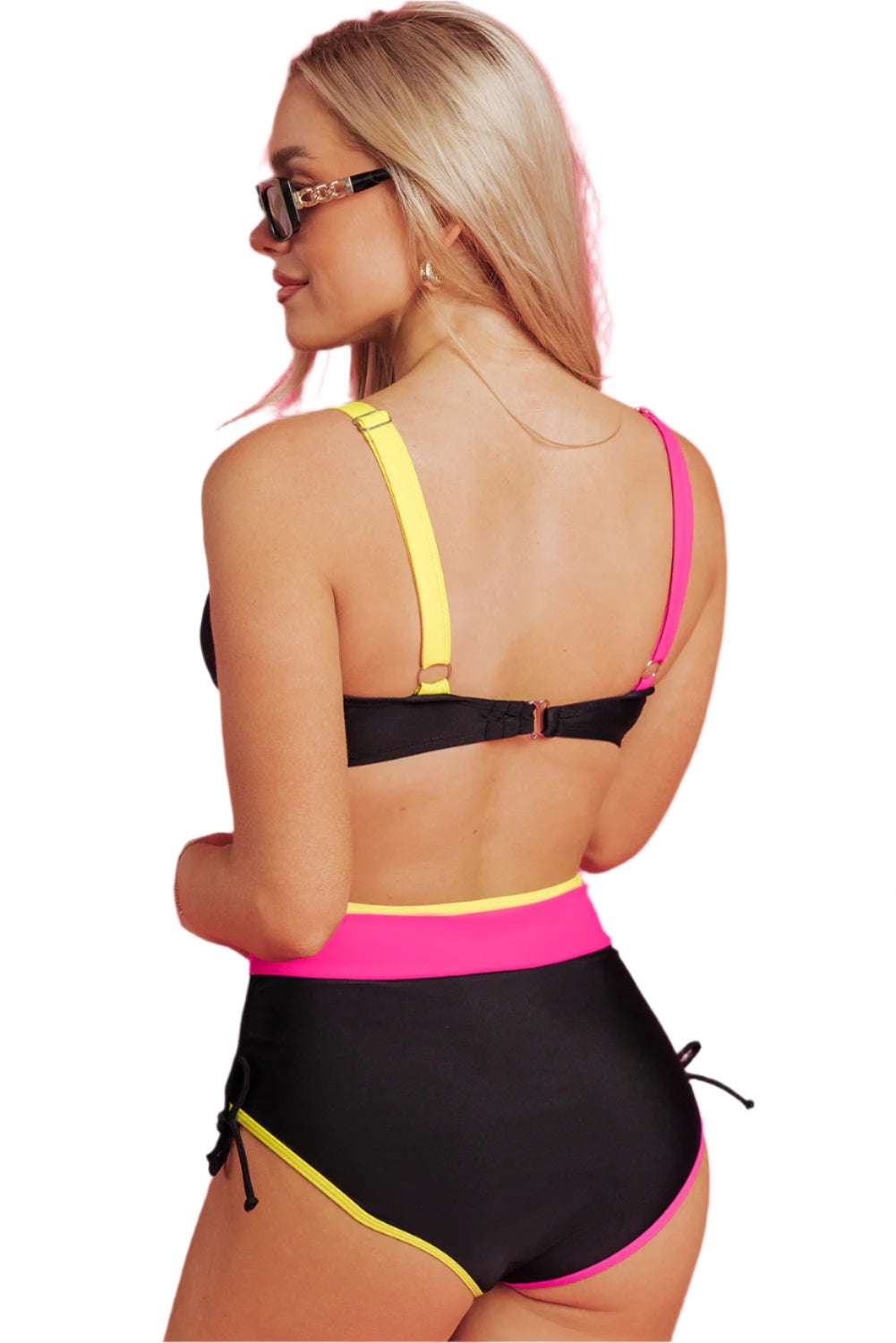 LuckeLadybug LLC color block high waist bikini with pink and yellow straps and black base
