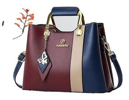 LuckeLadybug colorblock top handle satchel in burgundy, navy, and beige with stylish charm and adjustable strap