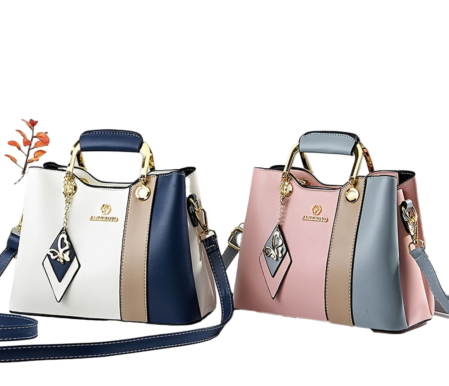 Colorblock top handle satchel in pink, blue, and white with stylish gold accents and detachable strap