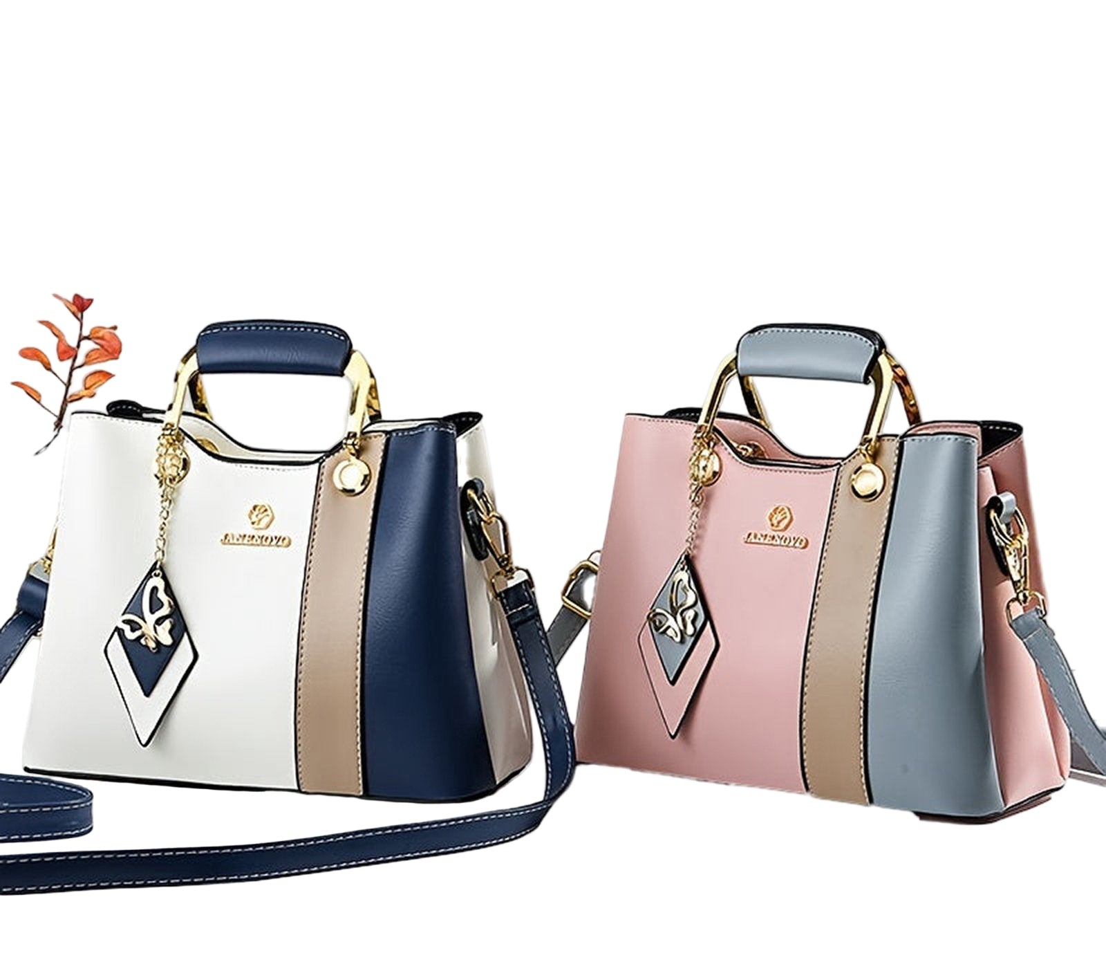 Colorblock top handle satchel in pink, blue, and white with stylish gold accents and detachable strap