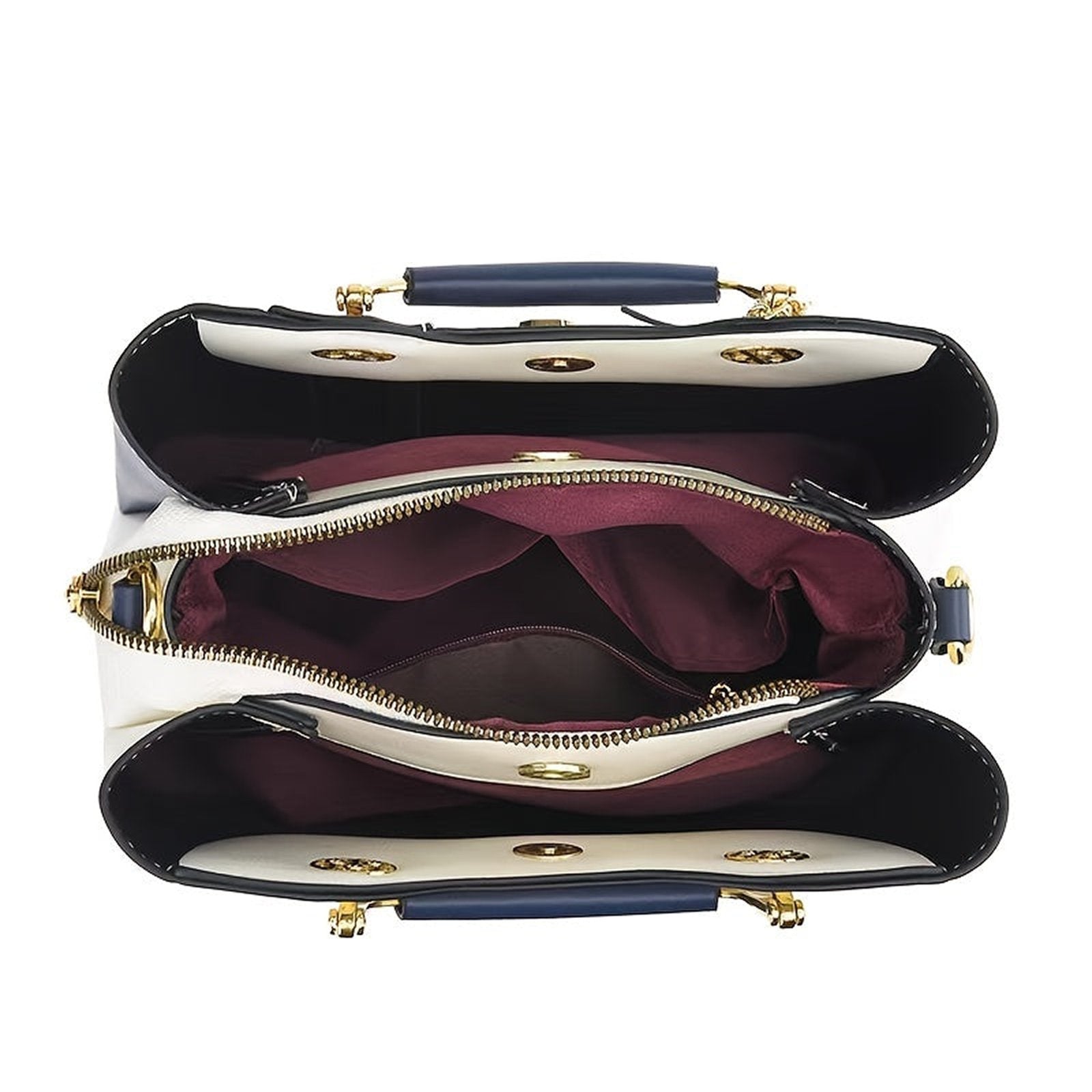 Inside view of LuckeLadybug LLC colorblock top handle satchel featuring multiple compartments and a zippered pocket