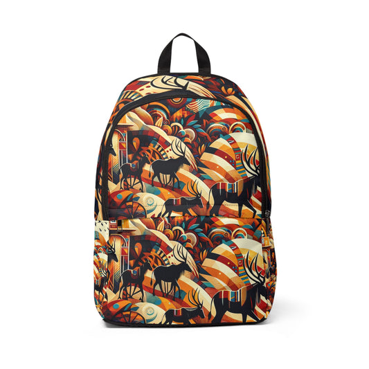 LuckeLadybug colorful abstract backpack with artistic animal and nature patterns in warm tones