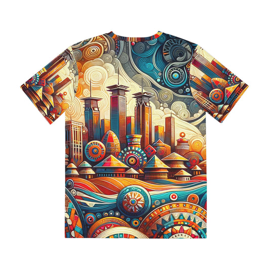 Colorful Abstract Cityscape Mens Shirt featuring vibrant geometric buildings and swirling patterns by luckeladybug