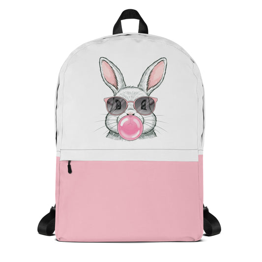 LuckeLadybug colorful bunny backpack with pink bubble gum design and sunglasses on white and pink background