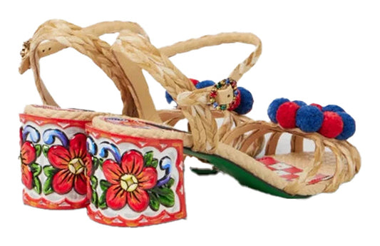Colorful flower block heel sandals with decorative beading and vibrant floral designs