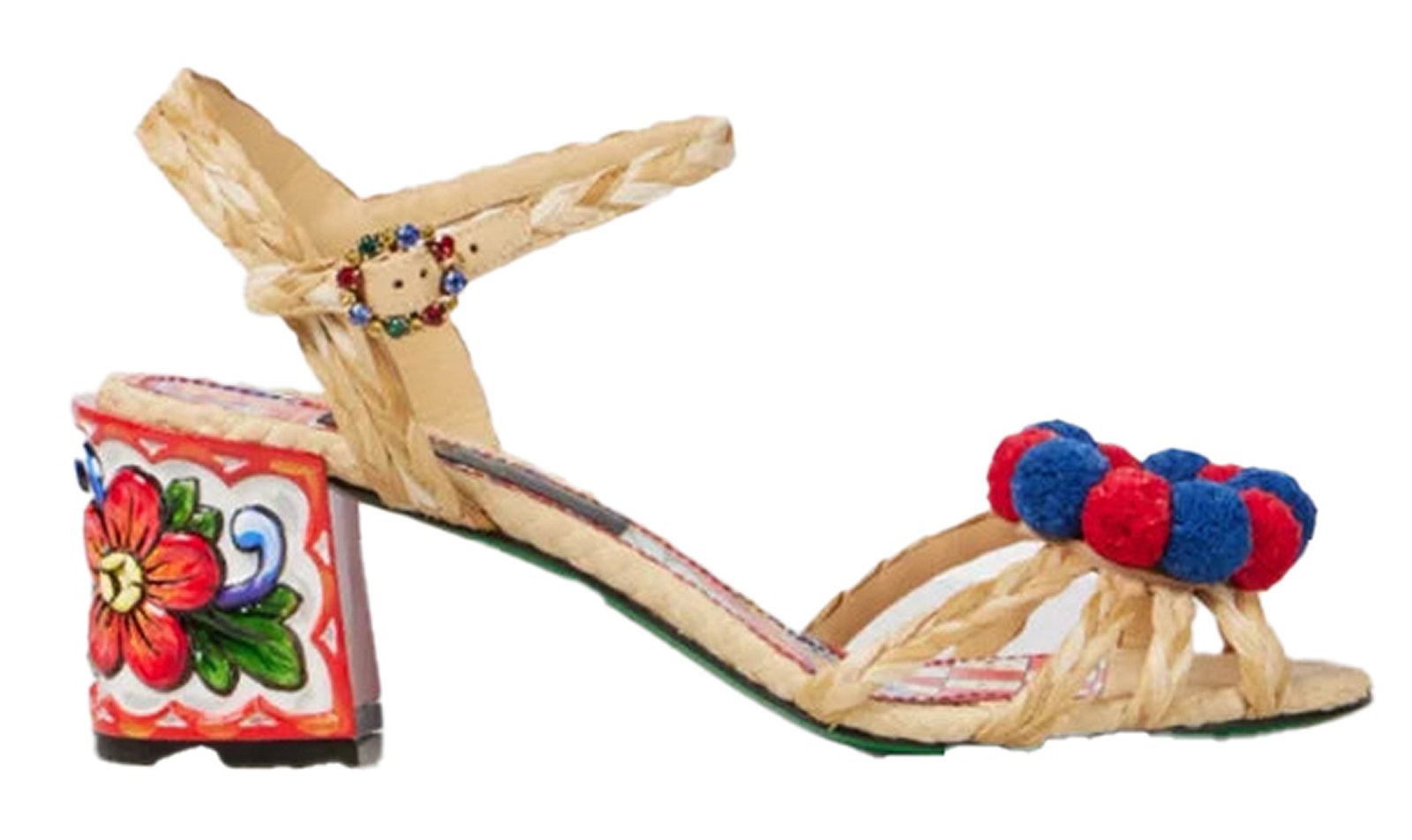 LuckeLadybug colorful flower block heel sandals with decorative pom-poms and vibrant floral design