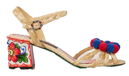 LuckeLadybug colorful flower block heel sandals with decorative pom-poms and vibrant floral design