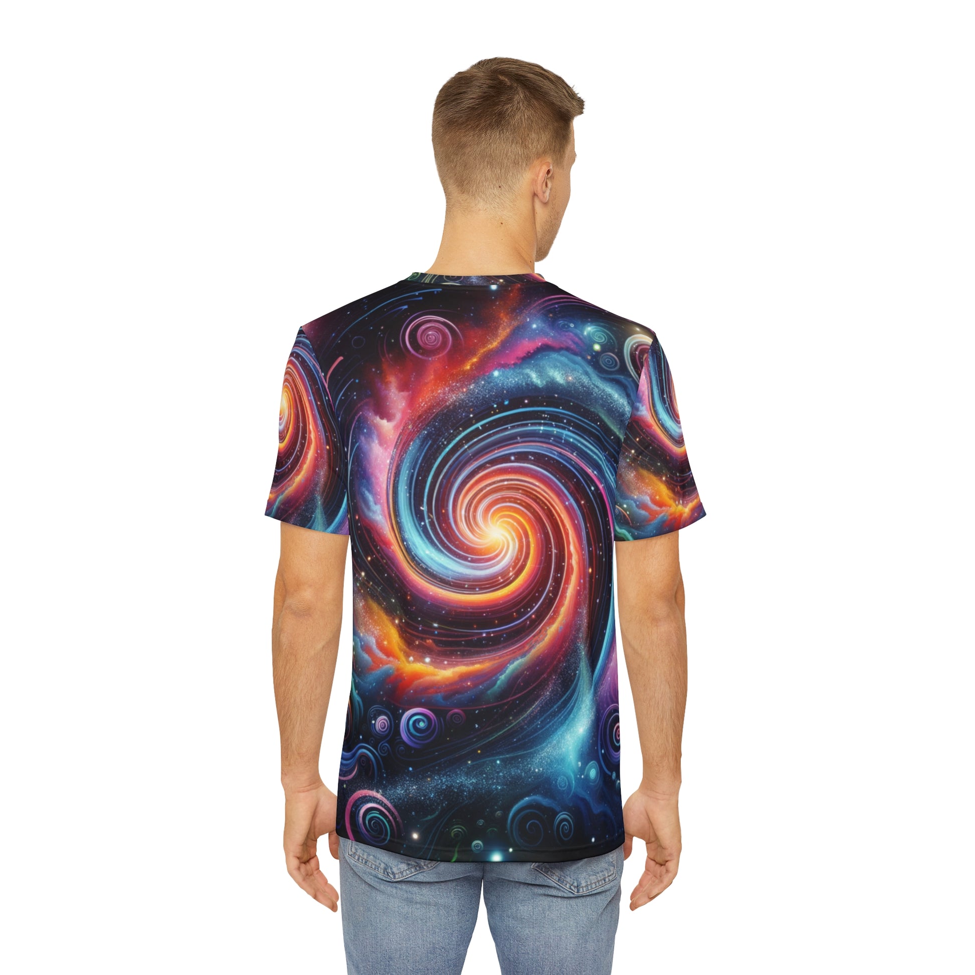 Back view of man wearing colorful galaxy print t-shirt with vibrant swirling space design