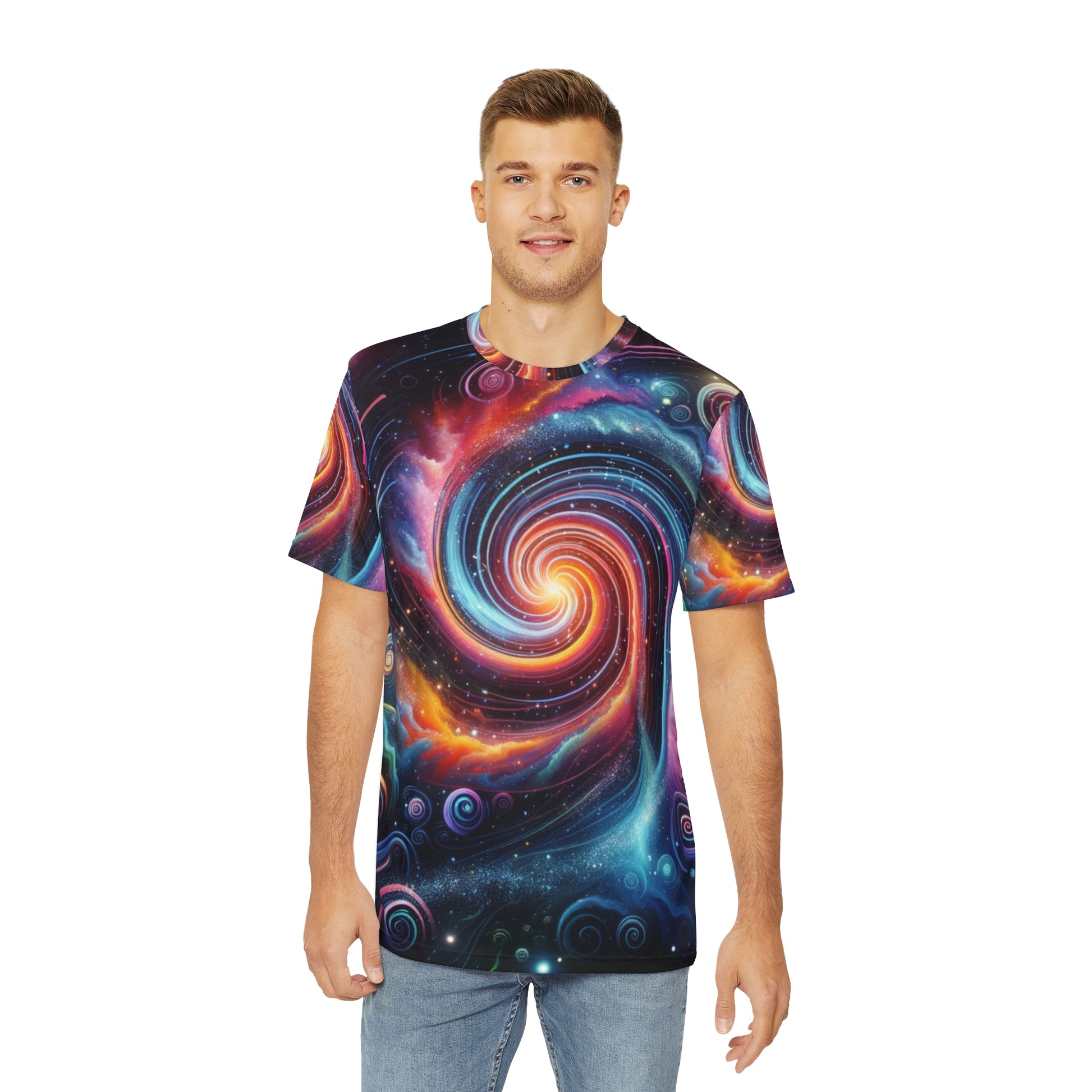 LuckeLadybug colorful galaxy print t-shirt featuring vibrant swirling space design worn by male model