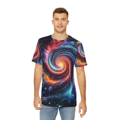 LuckeLadybug colorful galaxy print t-shirt featuring vibrant swirling space design worn by male model