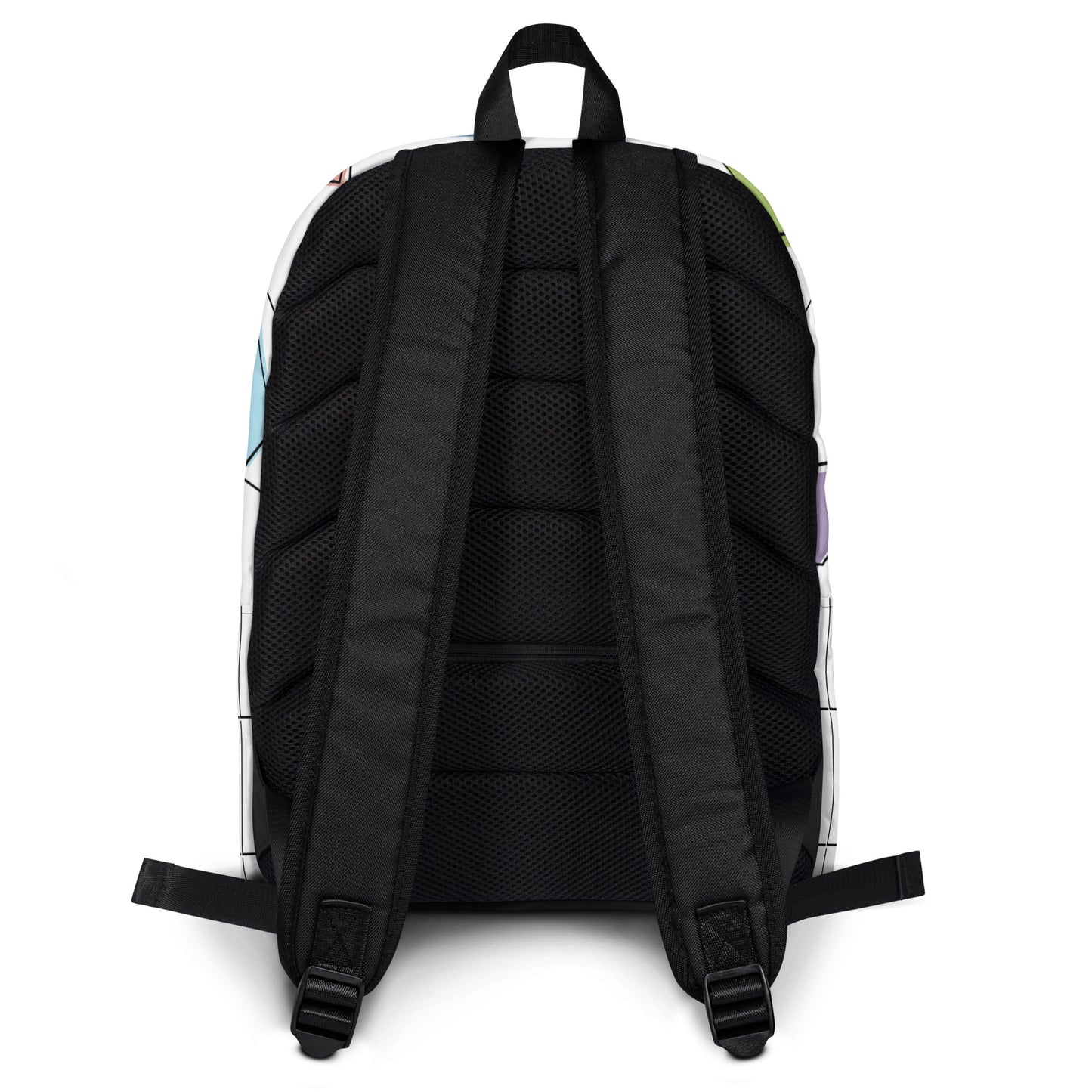 Back view of LuckeLadybug colorful geometric backpack with padded adjustable black straps