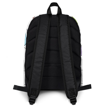 Back view of LuckeLadybug colorful geometric backpack with padded adjustable black straps