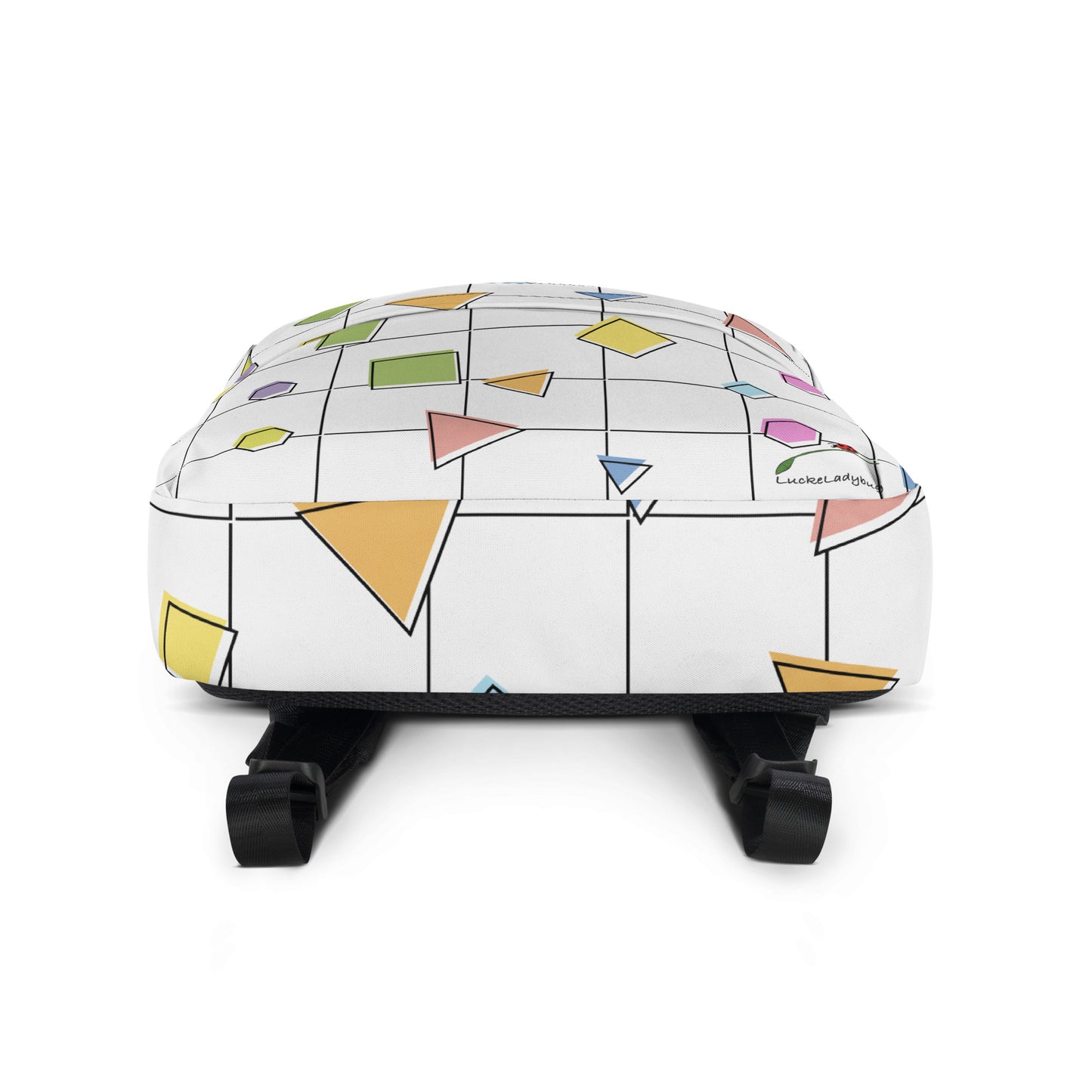LuckeLadybug colorful geometric backpack with multicolor shapes on white background and black straps