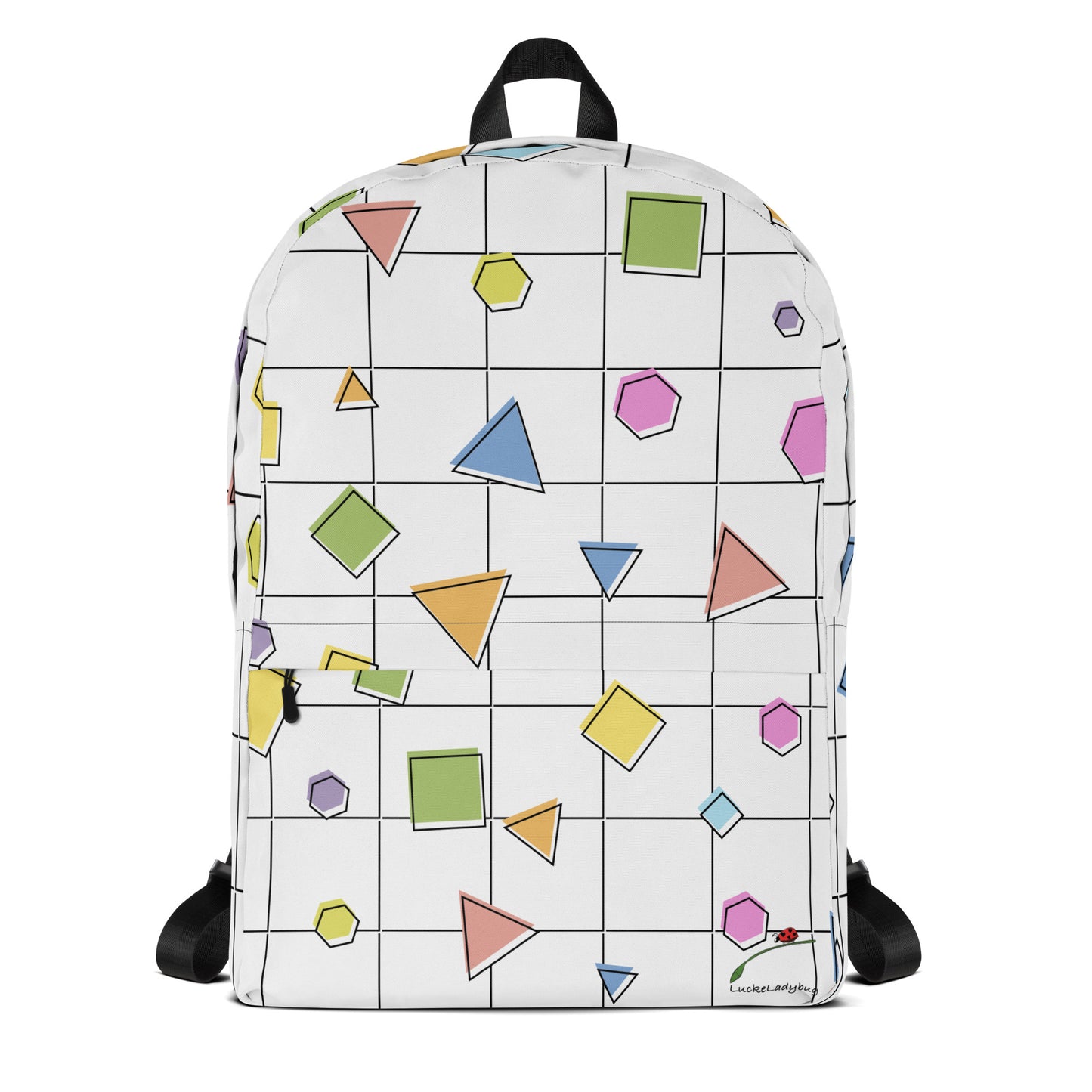 LuckeLadybug colorful geometric backpack with multicolored shapes on white background and black straps