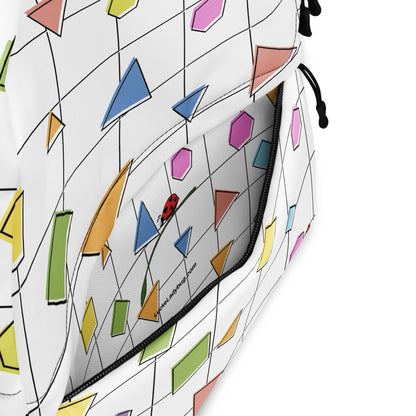 LuckeLadybug colorful geometric backpack with vibrant shapes and front zipper pocket detail