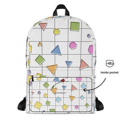 LuckeLadybug colorful geometric backpack with multicolor shapes and front inside pocket