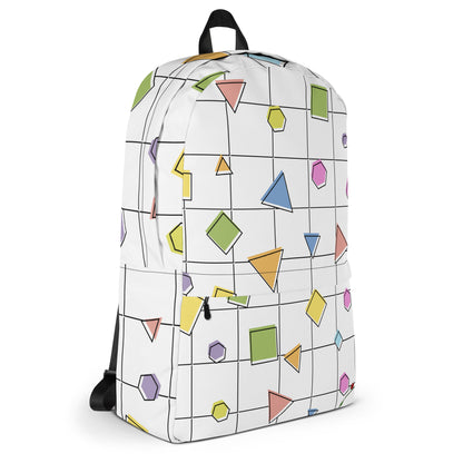 LuckeLadybug colorful geometric backpack with multicolor shapes on white background and front zipper pocket