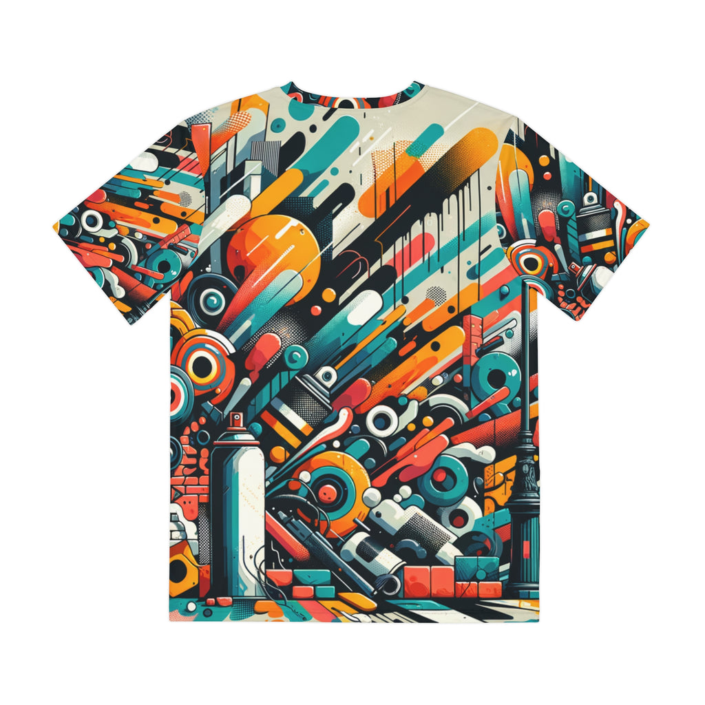 Colorful modern graphic tee for men featuring an abstract geometric and urban art design