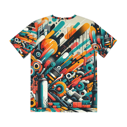 Colorful modern graphic tee for men featuring an abstract geometric and urban art design