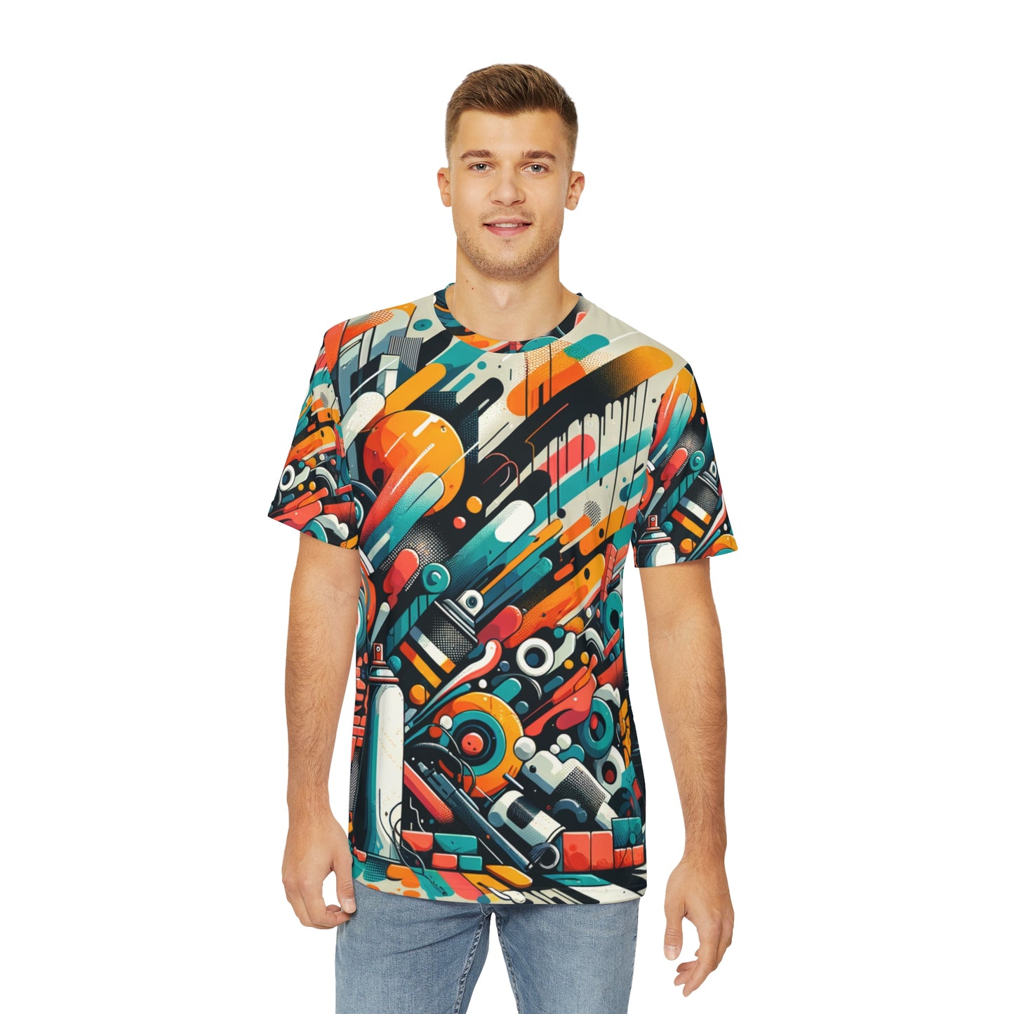 Colorful modern graphic tee for men with abstract geometric patterns worn by a man