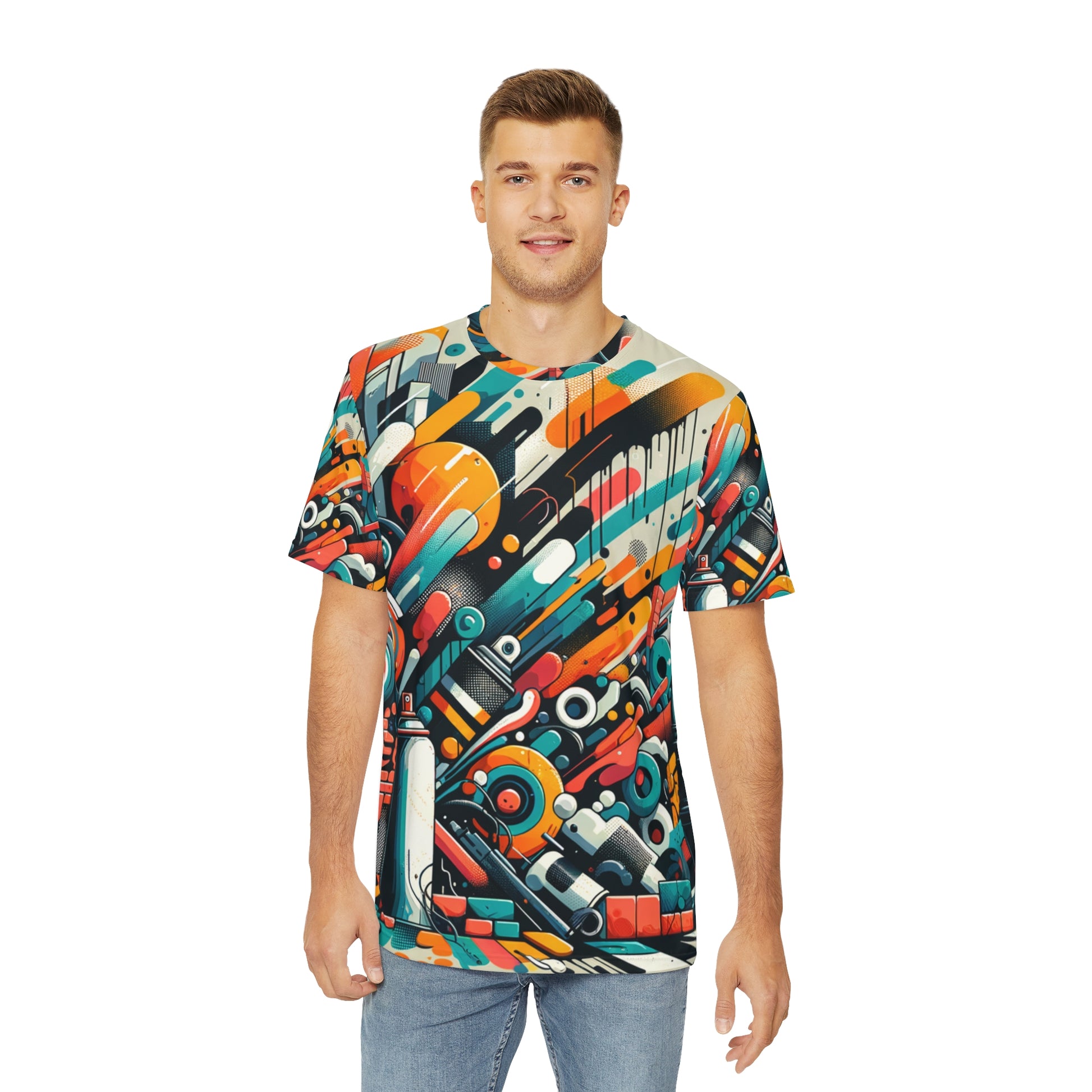 Colorful modern graphic tee for men with abstract geometric patterns worn by a man