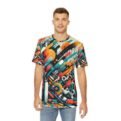 Colorful modern graphic tee for men with abstract geometric patterns worn by a man