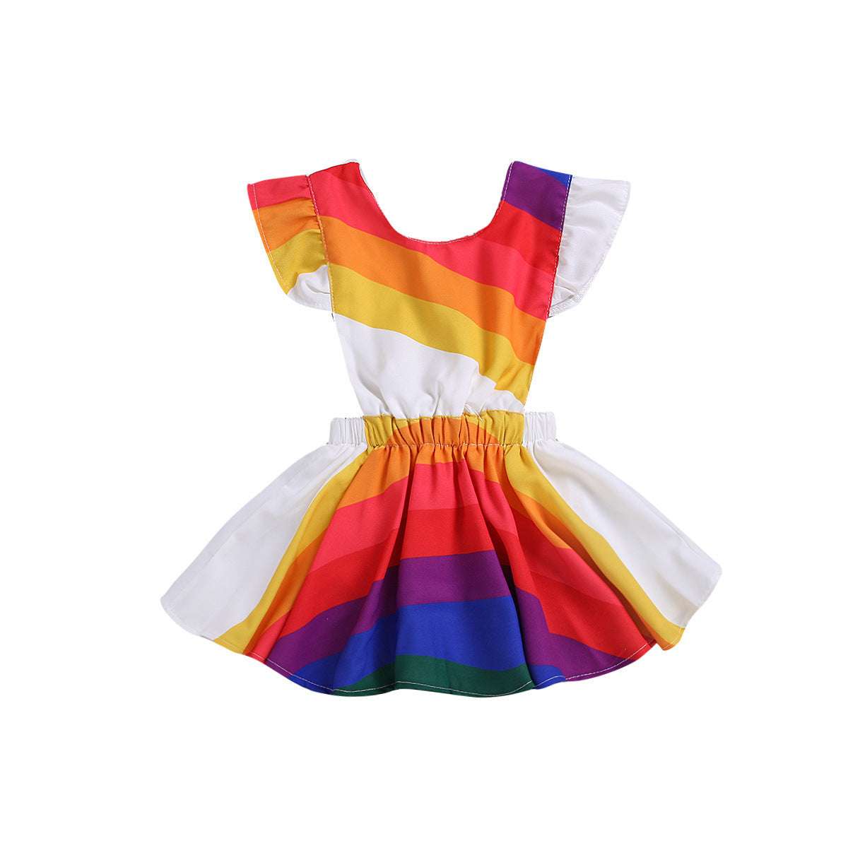 Colorful short sleeve toddler dress with rainbow stripes and ruffled sleeves by LuckeLadybug LLC