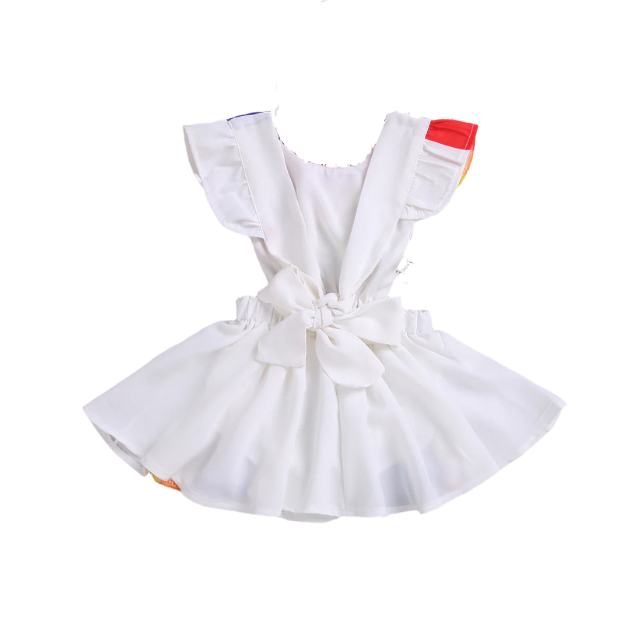 Colorful short sleeve toddler dress with white ruffled skirt and bow tie back from LuckeLadybug LLC