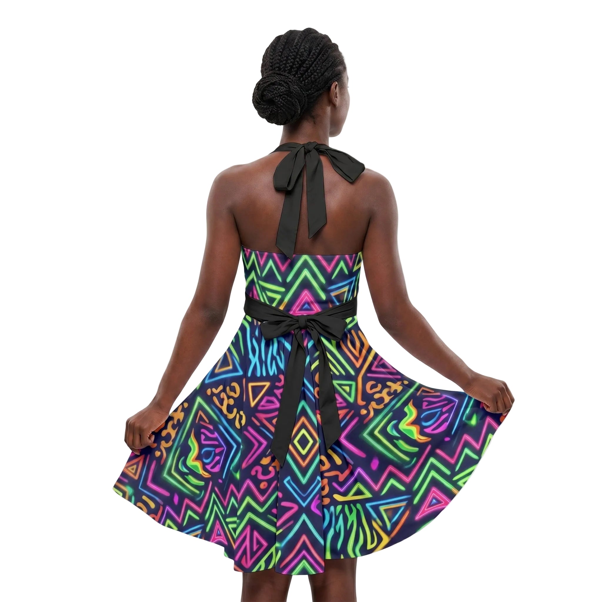 Colorful LuckeLadybug skater dress with a halter neck and flowing skirt for a playful look
