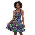 Colorful geometric patterned skater dress from LuckeLadybug with a flattering fit and flare design