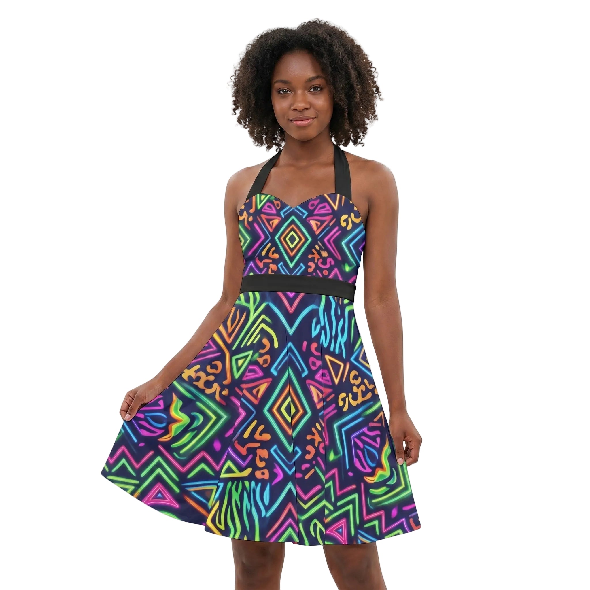 Colorful geometric patterned skater dress from LuckeLadybug with a flattering fit and flare design