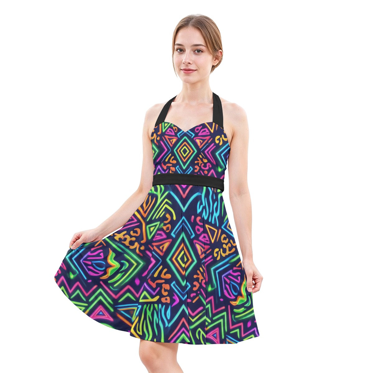 LuckeLadybug colorful skater dress with a vibrant geometric pattern and halter neckline