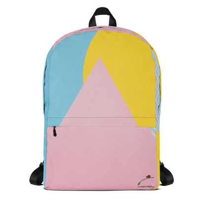 LuckeLadybug colorful trendy backpack with pink, blue, and yellow geometric design and black straps