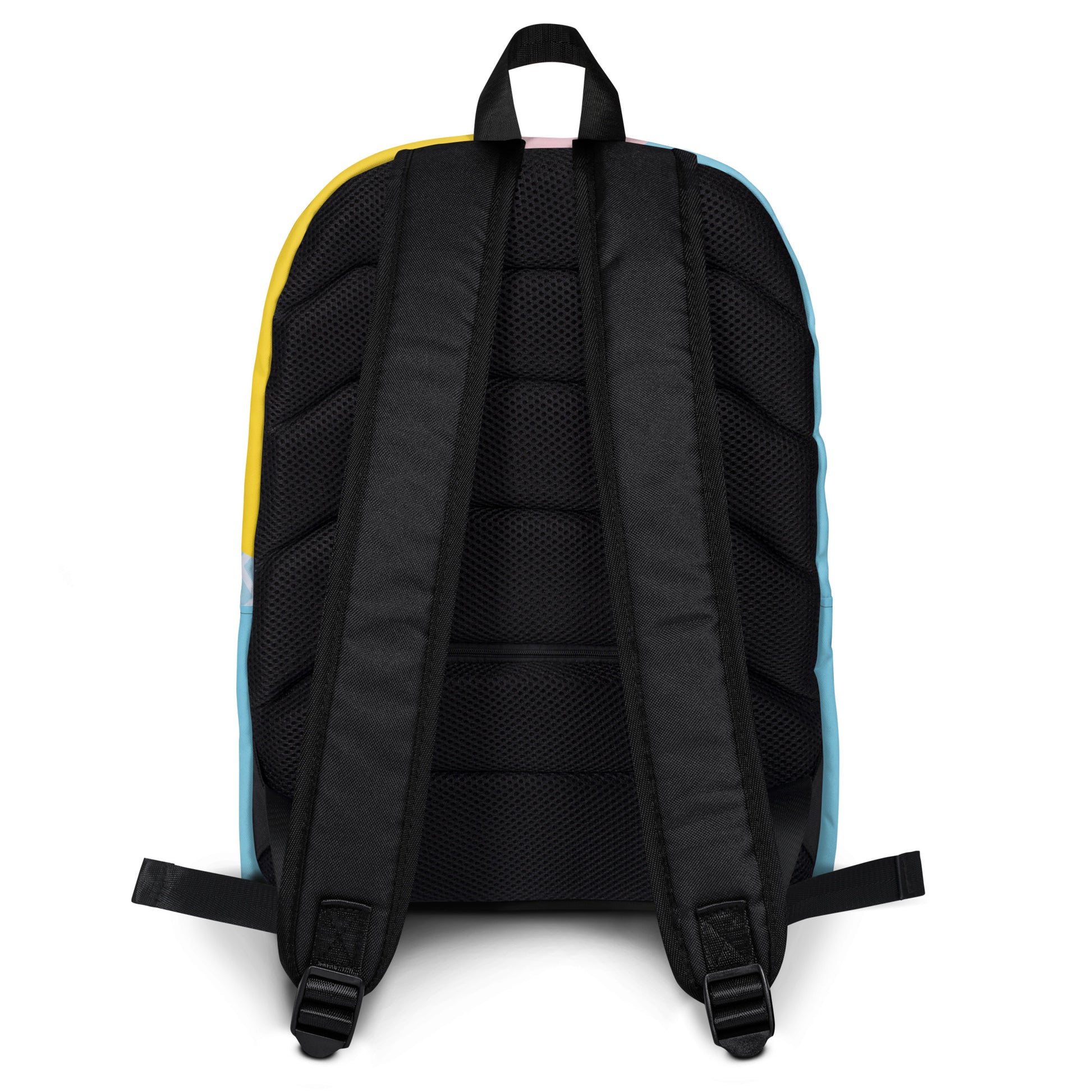 Back view of colorful trendy backpack by LuckeLadybug with padded black straps and breathable back panel