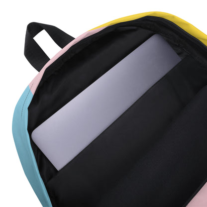 Colorful trendy backpack from LuckeLadybug with padded laptop compartment and black interior lining