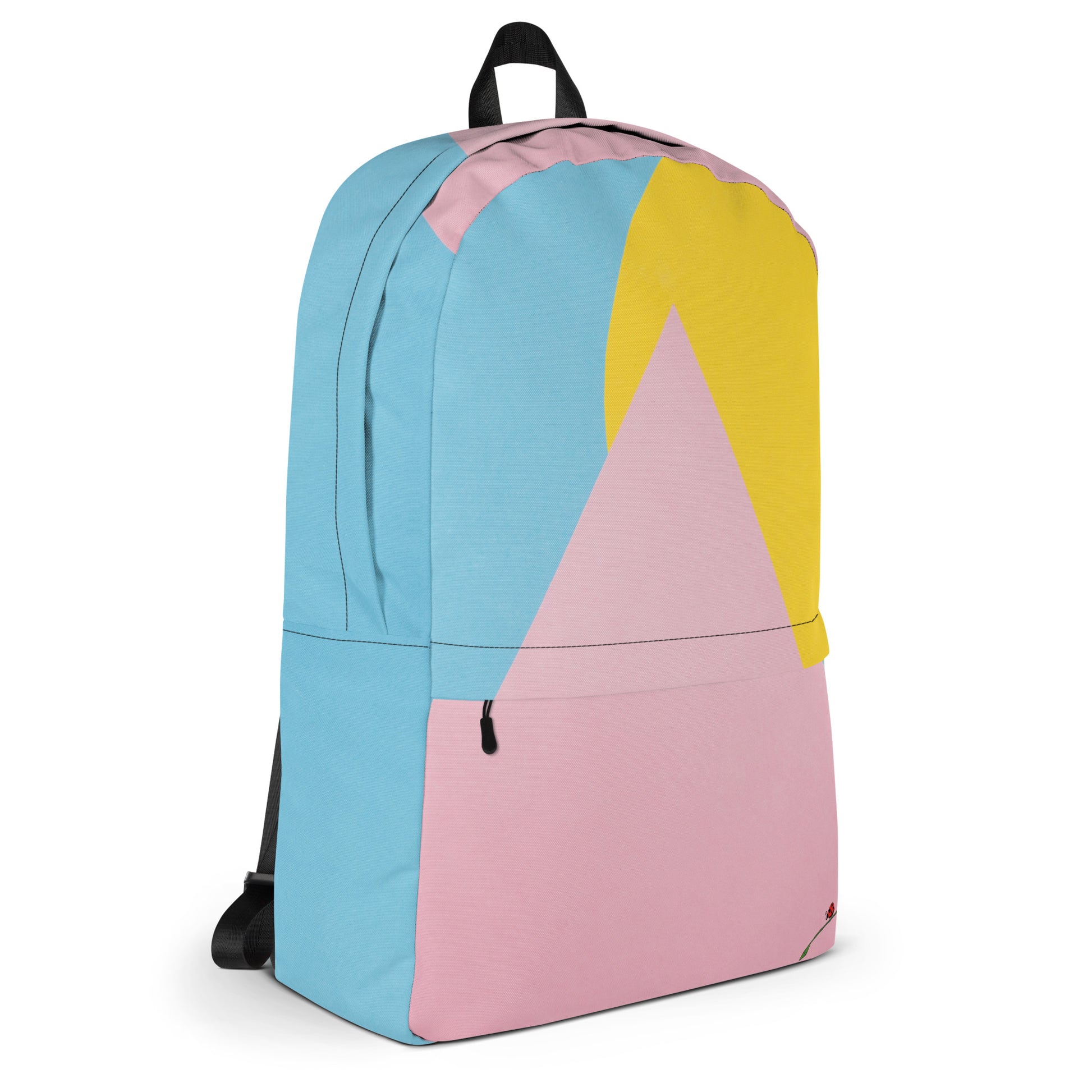 LuckeLadybug colorful trendy backpack with blue pink and yellow geometric design