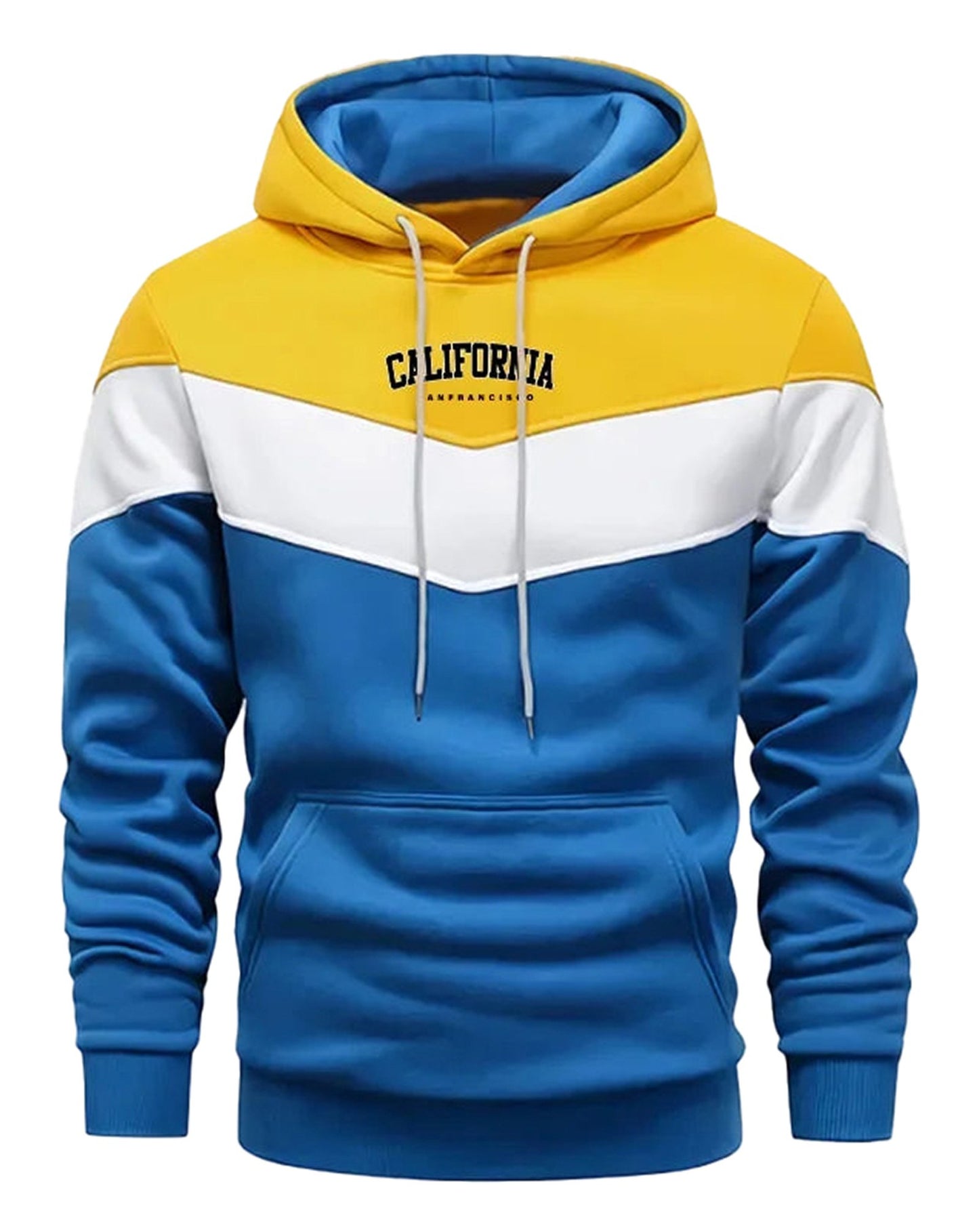 Comfortable men's tricolor hoodie featuring blue, yellow, and white design with California logo